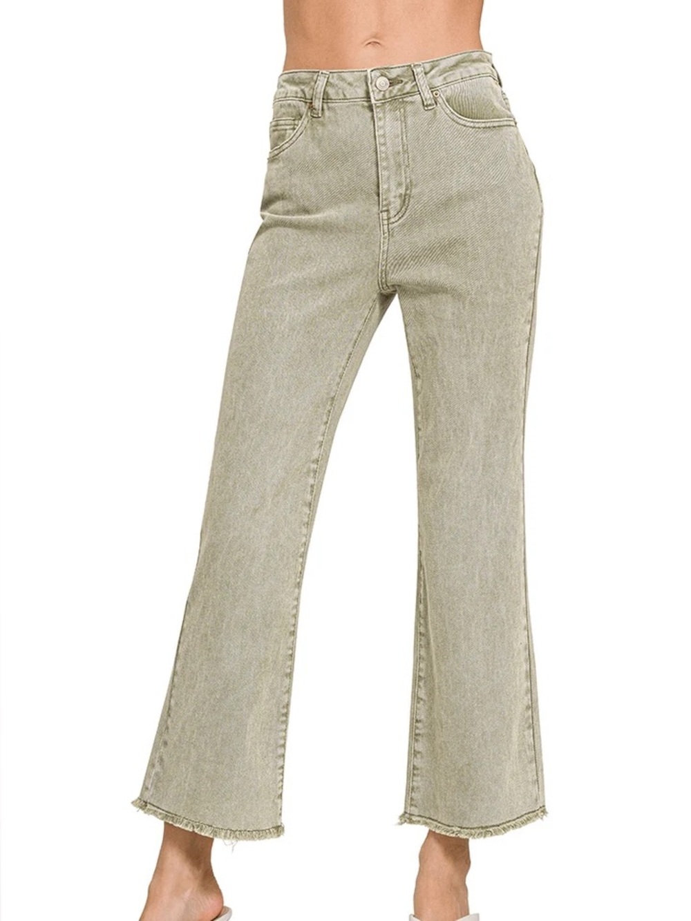 NWT💚Zenana Acid Washed High Waist Frayed Hem Bootcut Small Lt Olive